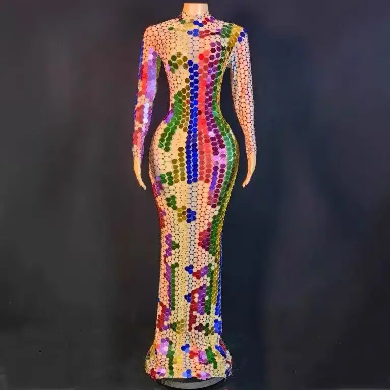 Stage Outfit Mirror Rhinestones Transparent Jumpsuit Long Sleeve Birthday Prom Party Dress  Dancer Show Outfit Stage Wear