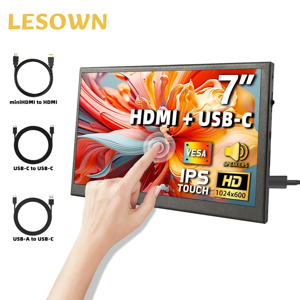 LESOWN 7 Inch Secondary Monitor 1024x600 Ultra-Thin IPS Panel Portable Gaming Display Driver-Free Setup for Laptop TV Box Game