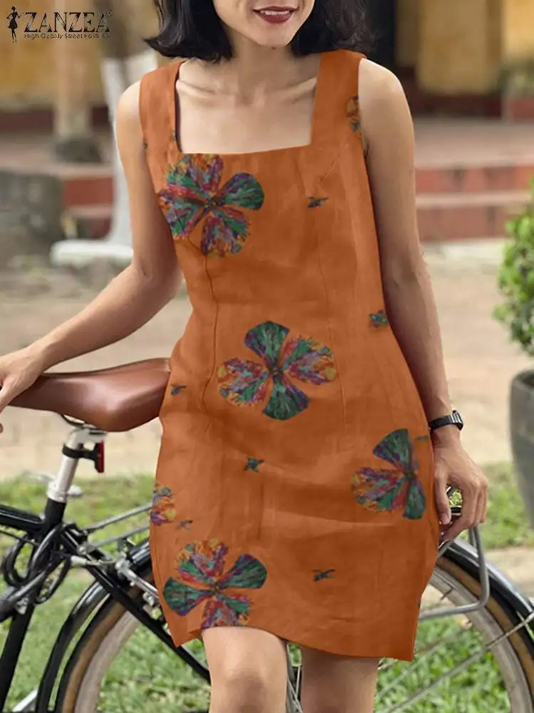 

ZANZEA Women Bohemian Beach Holiday Sundress Casual Square Neck Knee-length Vestido Summer Vintage Sleeveless Floral Print Dress