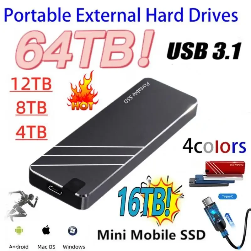 휴대용 SSD 외장 하드 드라이브, 외장 솔리드 스테이트 드라이브, USB 3.1 하드 디스크 스토리지, PC Mac 데스크탑과 호환 가능, 64TB