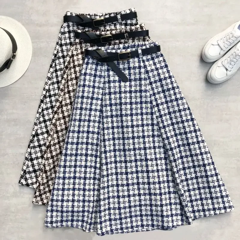 

Winter Classic Houndstooth Blend Long Skirt Elastic Waist Belt Patchwork Plaid A-line Skater Calf Long Skirts