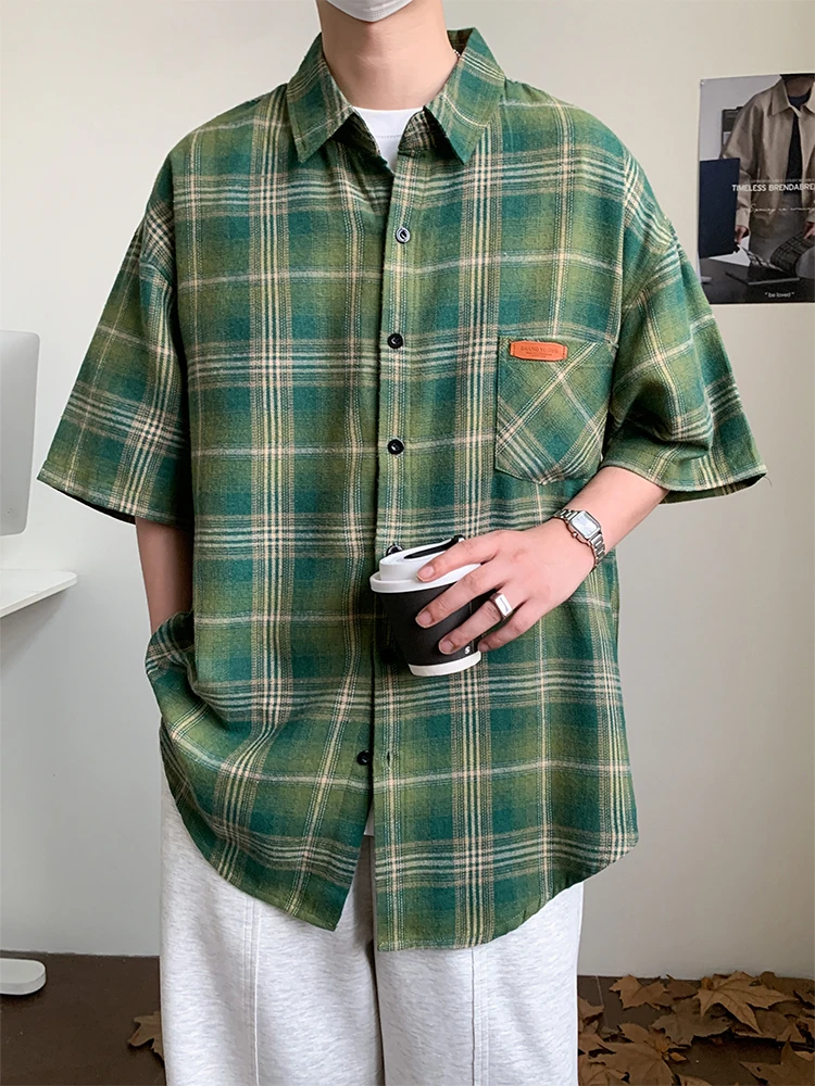 Casual Short Sleeved Shirt Short Sleeved Shirt Summer Men Shirt Plaid Cotton Short Sleeve Plus Size 6XL 7XL 8XL 10XL Green Oversize Formal Casual Designer