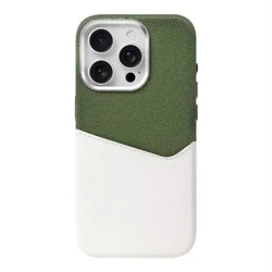 Linen Leather MagSafe Phone Case with Card Holder and Magnetic Wireless Charging - Shockproof Design - iPhone 17 (Green White)
