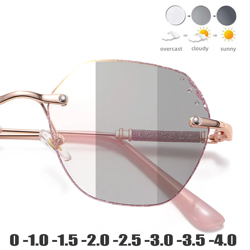 Übergroße randlose photochrome Myopie-Brille für Damen, funkelnde Anti-Blaulicht-Nahsichtigkeitsbrille, UV-Schutzbrille, 0 bis 4,0