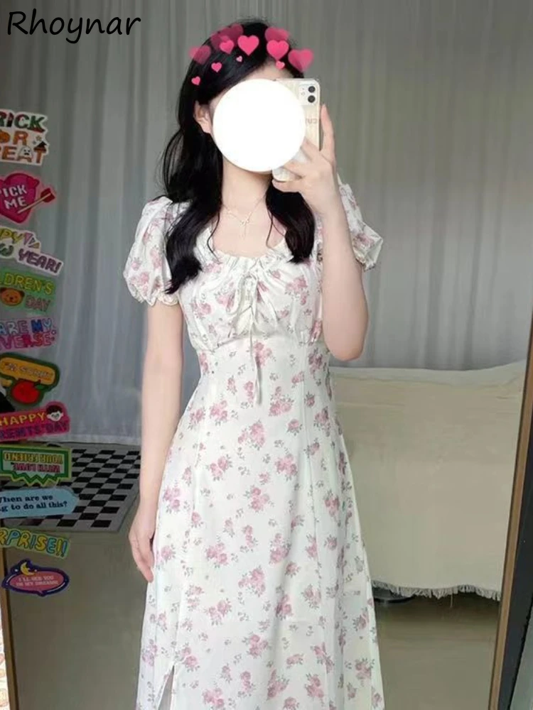 

Puff Sleeve Dress Women Summer Sweet Floral Side-slit Sexy Fashion High Waist Leisure French Style Square Collar Tender Young