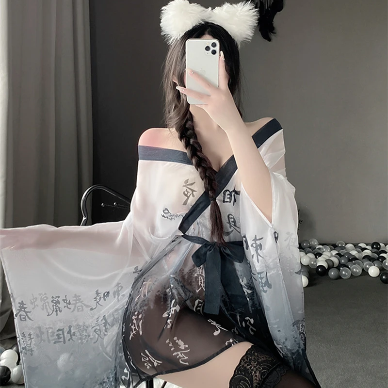 See Through Porno Kimono Women\'s Sexy Lingerie Perspective Bathrobe Pajama Temptation Nightwear Long Sleeve Robes Mesh Nightgown