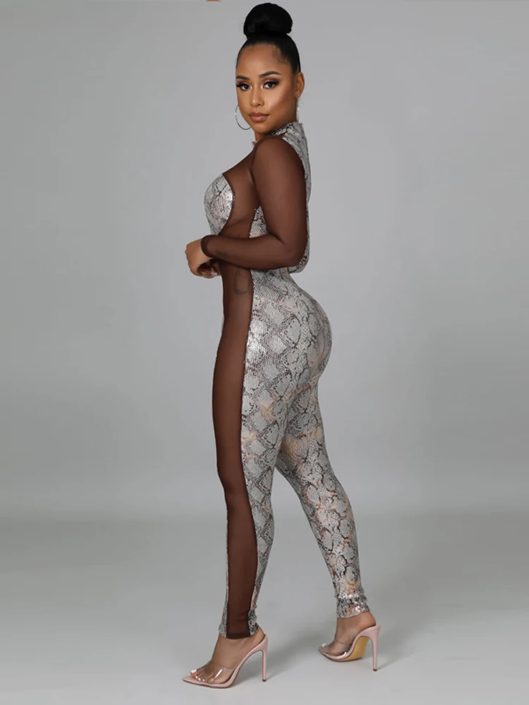 Sexy sequin women's jumpsuit with mesh panels high elasticity tight fitting long sleeves fashionable print perspective summerNew