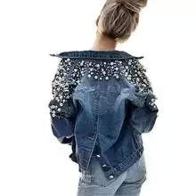 Fashion New Autumn Winter Casual Denim Jacket Loose Short Denim Jackets with Pearl Bat Sleeve Long Sleeves Coats Cheap Wholesale europe fashion 2023 new summer women denim shorts colored pearl beading diamonds all match elastic high waist wide leg shorts