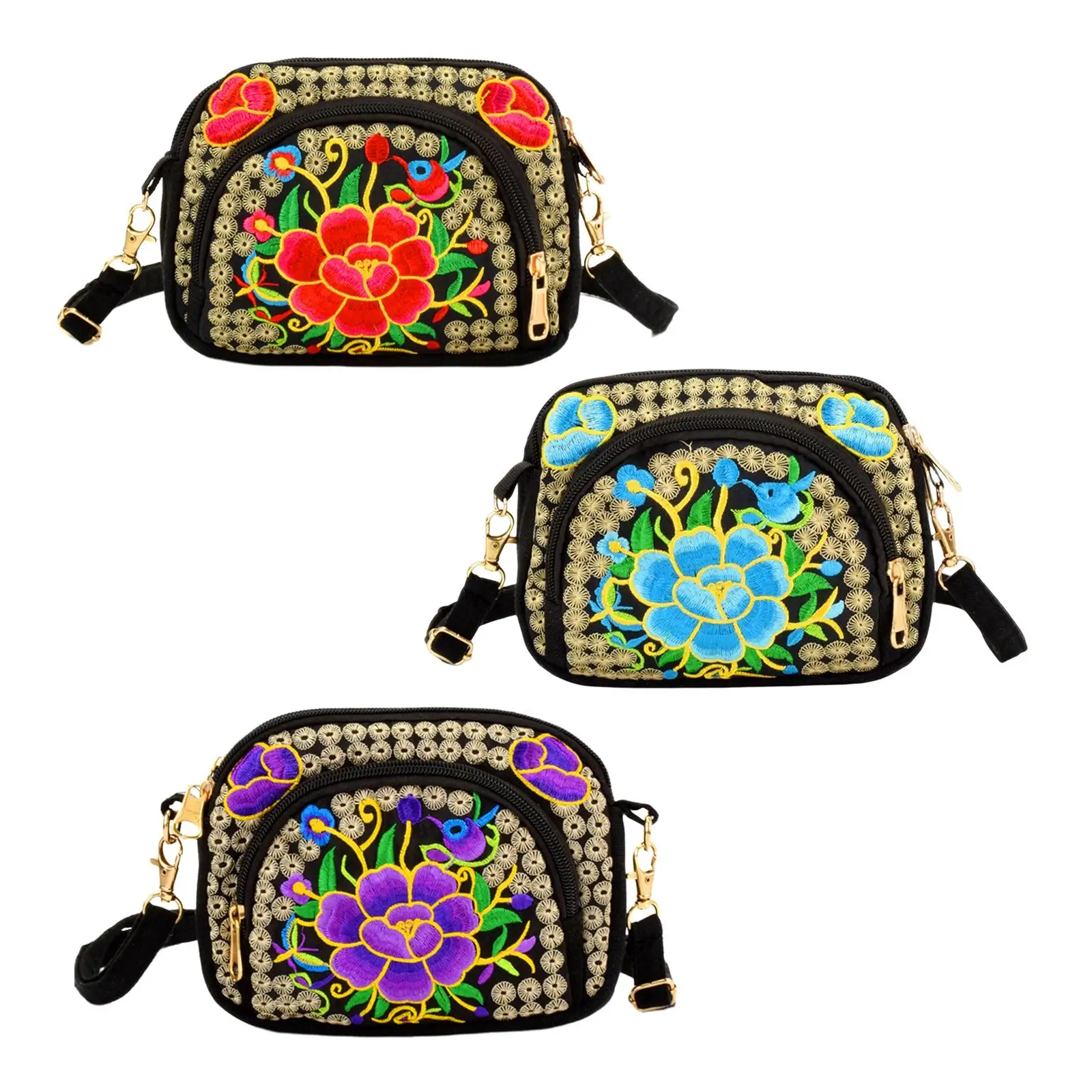 

Ethnic Shoulder Bag Adjustable Strap Zipper Pockets Lightweight Embroidery Bag for Party Vacation Home Shopping Women Gifts