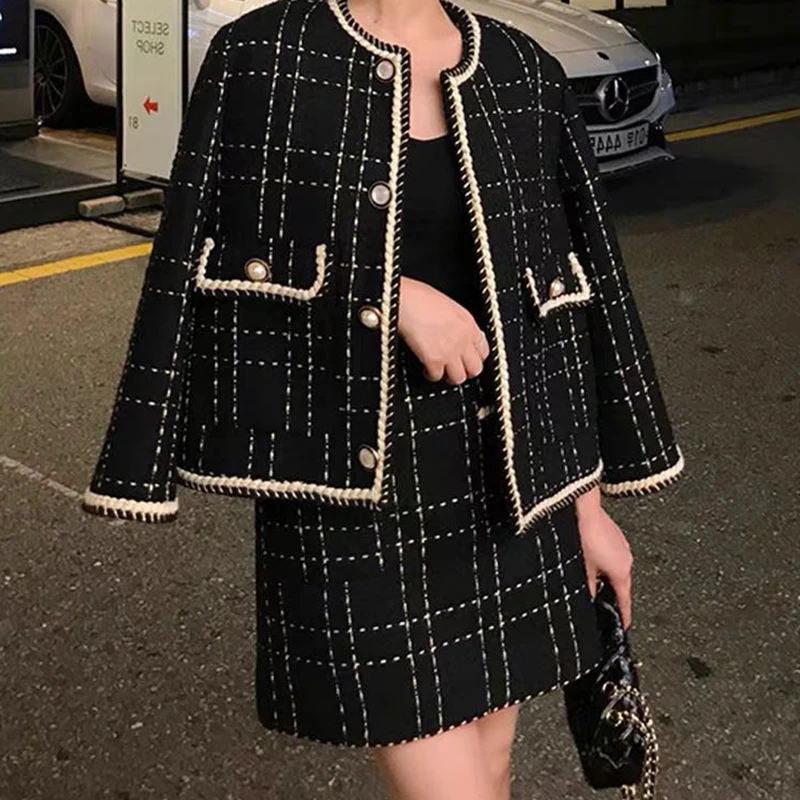 

2024 New Autumn Wool Jacket Skirt Suits Women Black Tweed Outfits Female Fashion Loose Tweed Two Piece Skirts Set Streetwear