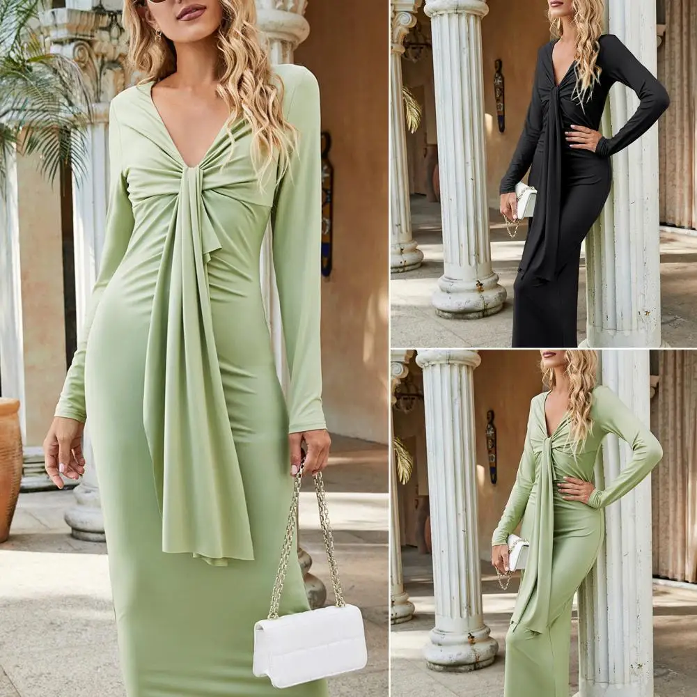 

Элегантное платье с V-образным вырезом и длинным рукавом, однотонное элегантное платье с запахом, простое сексуальное необычное облегающее платье с драпировкой, уличная одежда