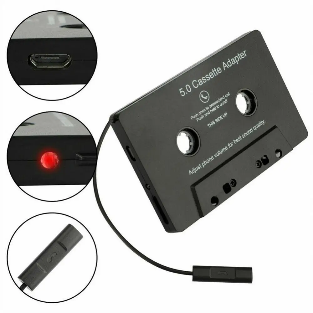Bluetooth 5.0 Cassette Adapter LED Indicator Bluetooth-compatible Black Built-in Microphone Car Tape Audio Cassette Player