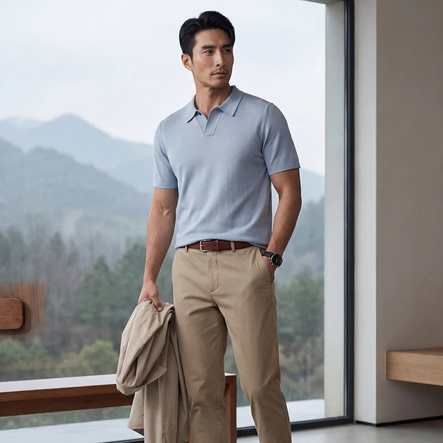 T-shirt en soie de mûrier pour homme, col polo à bouton unique, tricot fin 18 points, pull d'été haut de gamme, mode polyvalente, manches courtes 1