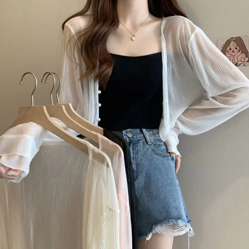 

Lucyever Korean Style Summer Cardigan Women Fairy Style Long Sleeve Sunscreen Shirts Woman Sweet Beading V-Neck Thin Blouses