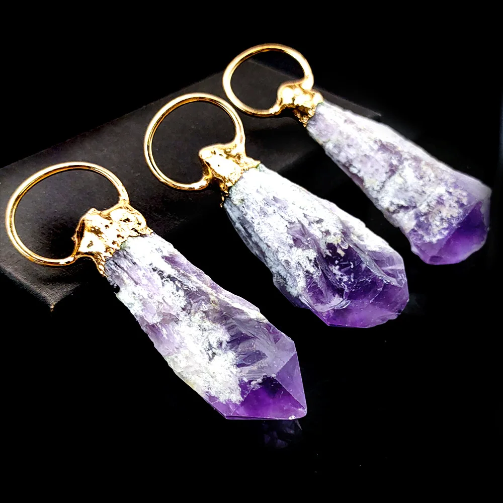 

Irregular Natural Purple Crystal Necklace Pendant Unpolished Hexagonal Cone Amethyst Quartz Druzy Jewelry Accessories For Women