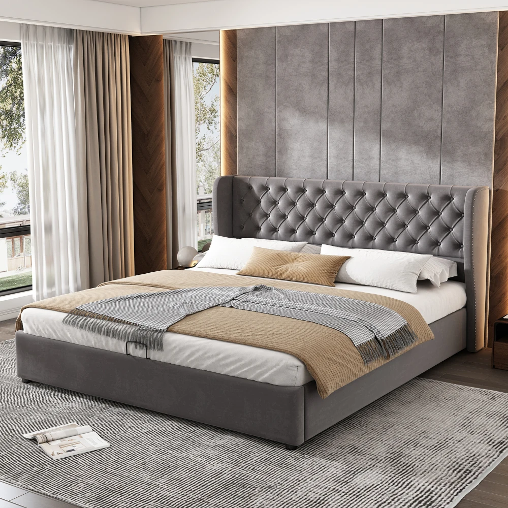 Gepolstertes Bett in Ohrenform aus Samtstoff mit Knopfnähten, Doppelbett, hydraulisches Funktionsbett mit Gittergitter und Stauraum – Detail 15