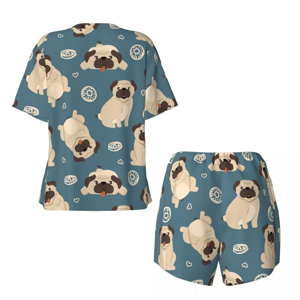 Two piece women's pajama round neck short sleeved T-shirt Funny Pug casual home pajama set