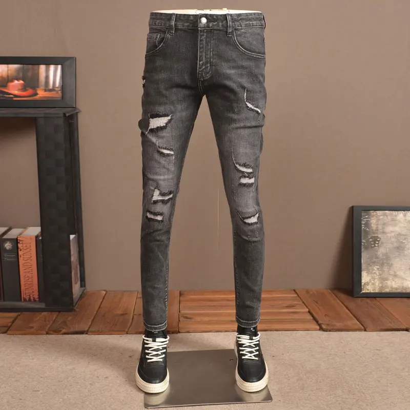 Fashion Streetwear Men Jeans Retro Black Gray Elastic Slim Fit Ripped Jeans Men Vintage Designer Denim Pencil Pants Hombre
