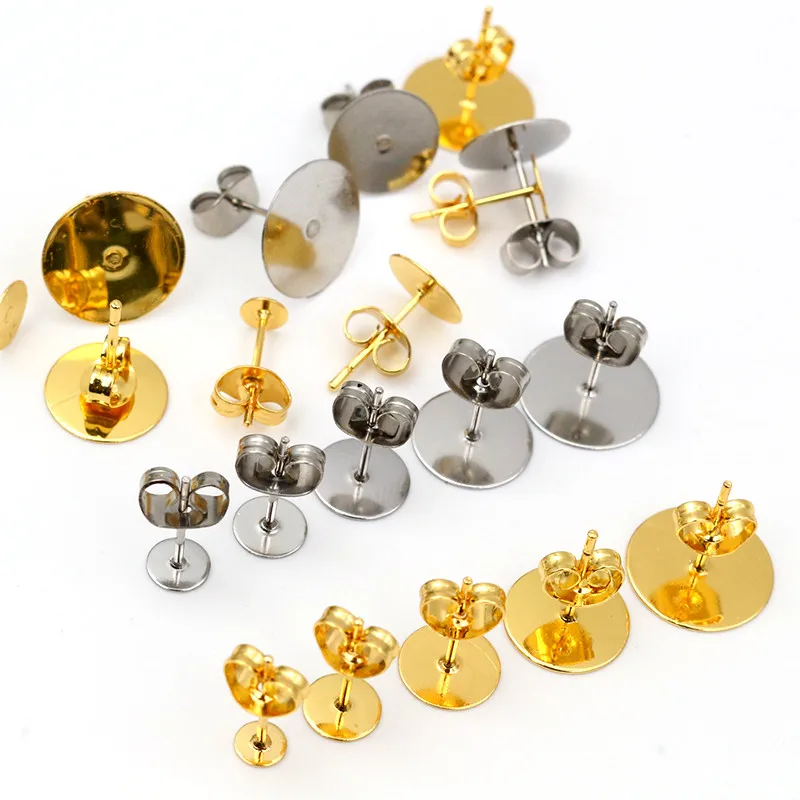 Earring Base Pins 50-100pcs/lot Gold Stainless Steel Blank Post With Earring Plug Findings Ear Back For DIY Jewelry Making