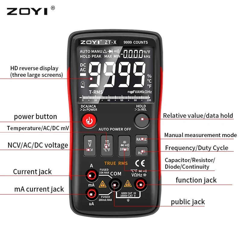 Digital Multimeter ZOYI ZT-X 9999 Counts Auto Range NCV VFC Micro Current Voltage Tester LCR Tester