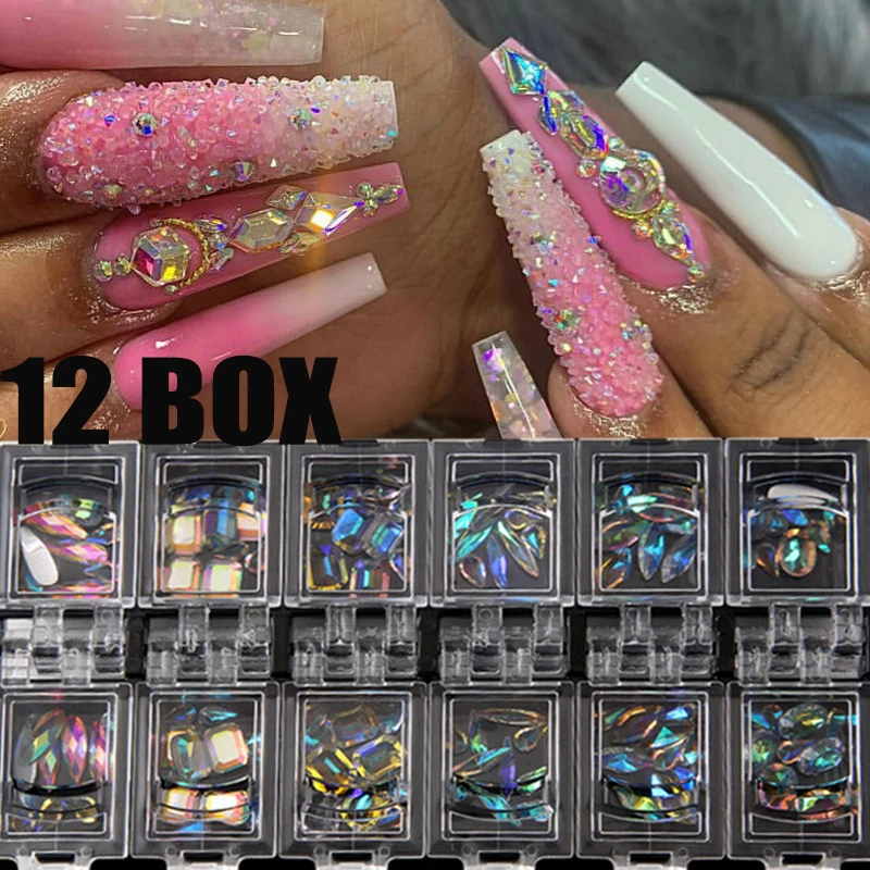 

12 Grids Nail Art Rhinestones Gems Mixed 3D DIY Flatback Glitter Diamonds Crystal Tips Charms Fancy Shaped Nail Art Decorations