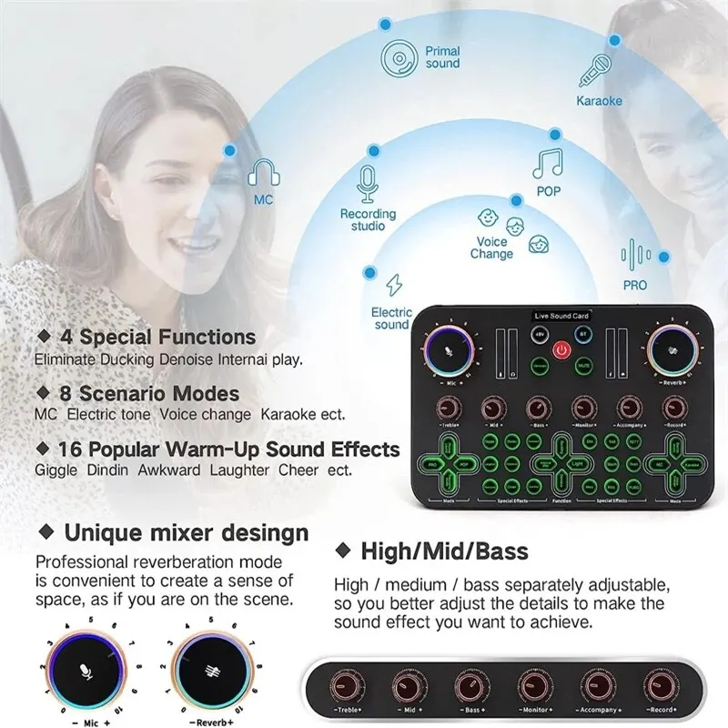 Live Sound Card Audio Interface Mixer DJ Digital Effect Noise Reduction Console USB Record For Singing
