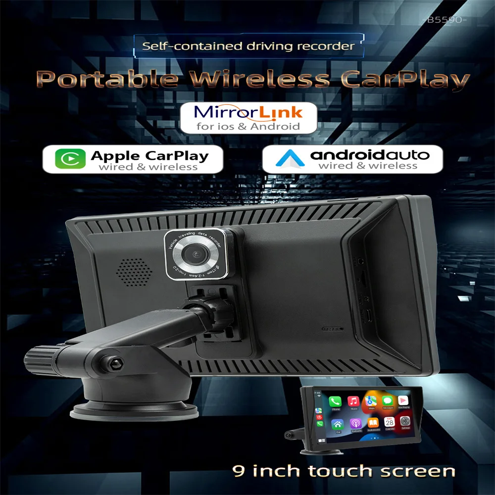 

Portable Car Wireless CarPlay Stereo Radio with Dash Cam 9" Monitor Touch Screen Car Truck Camera Reversing Bluetooth MP5 Player