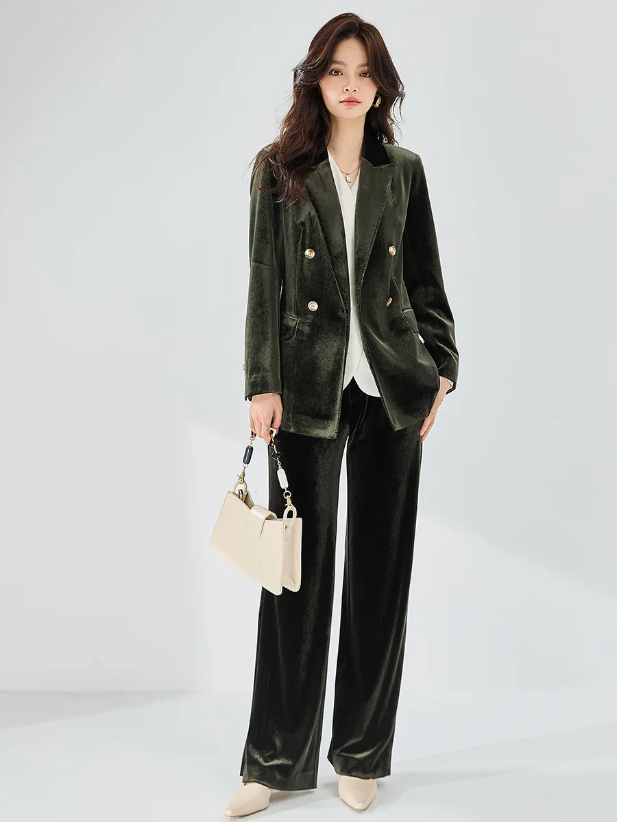 

Womens Velvet Suit Set 2 Pieces Dark Green Double Button Blazer With Pants Autumn Winter Office Ladies Professional Clothing