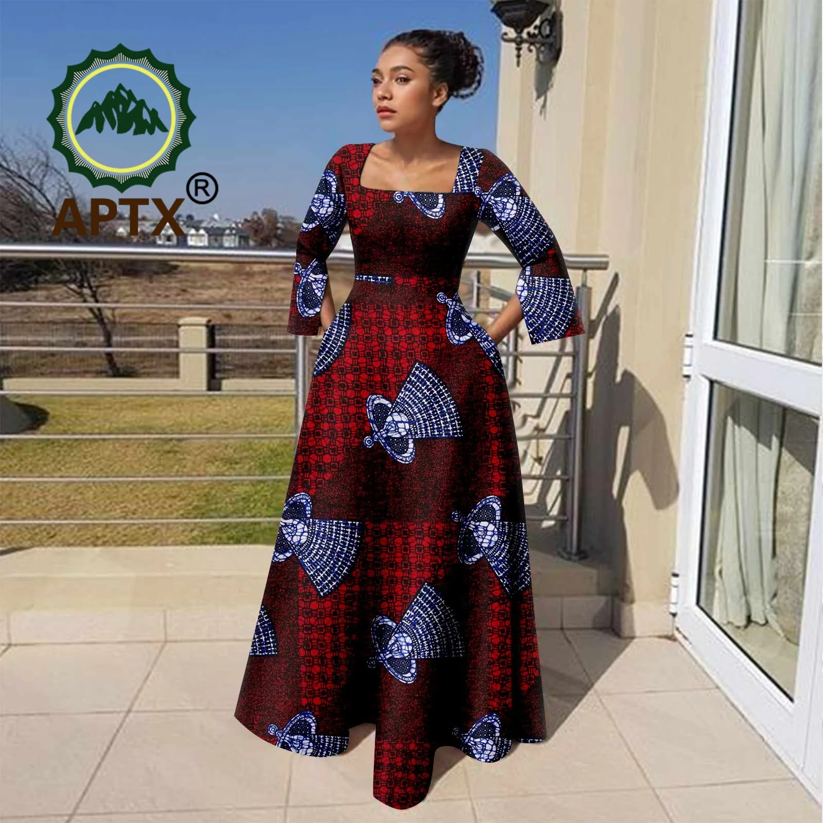 African Women's Dresses Ankara Square Collar Full Sleeve Floor-Length Dress with Pockets Dashiki Printed Party Wedding Dresses