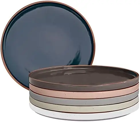

Ceramic Flat Dinner Plates Set of 6, 10.5 in High Edge Dish Set - Microwave, Oven, and Dishwasher Safe, Scratch Resistant, Moder