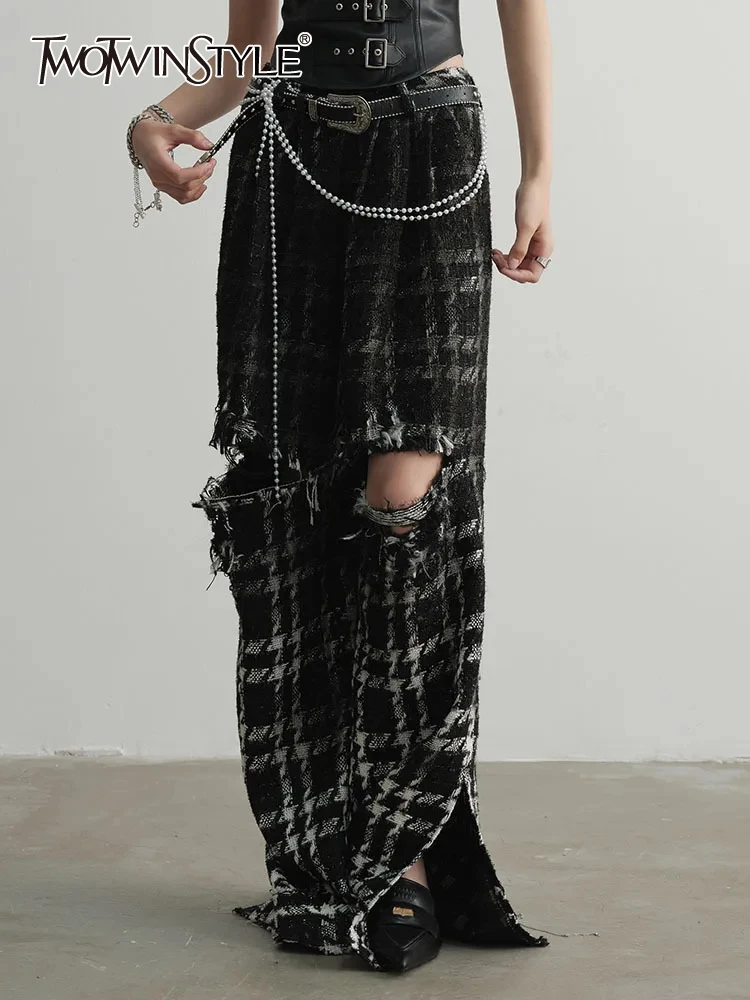 

TWOTWINSTYLE Colorblock Plaid Hollow Out Wide Leg Pants For Women High Waist Split Designer Full Length Pant Female Fashion New