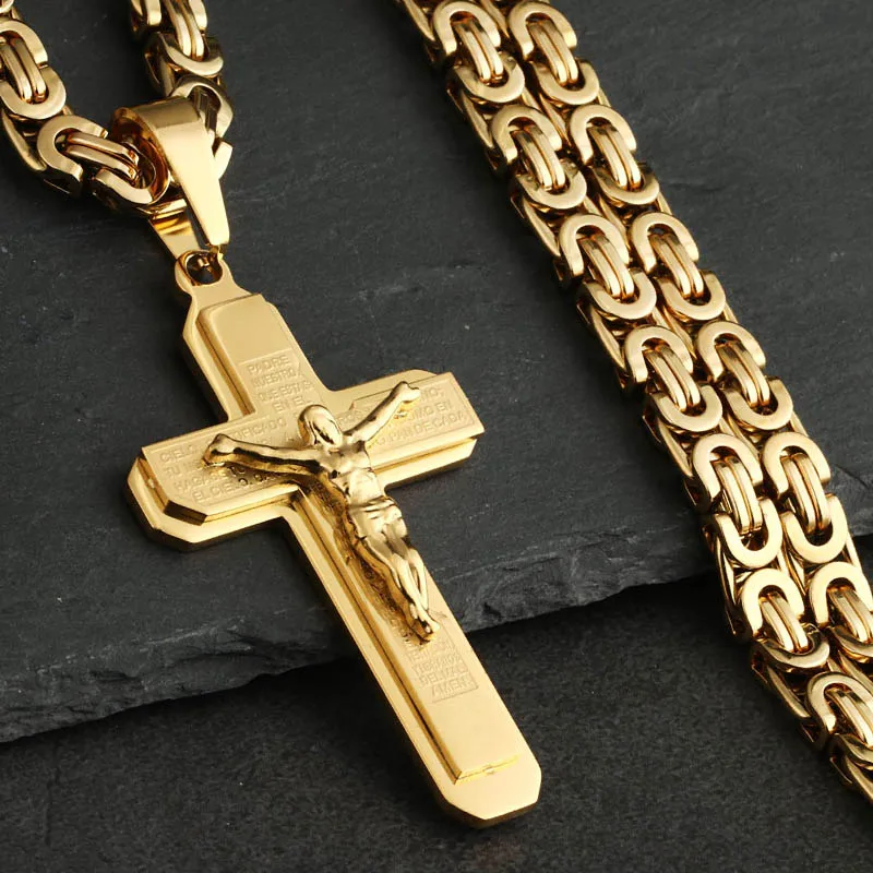 Gothic Bibel Kreuz Kruzifix Jesus Anhänger Halsketten Edelstahl Byzantinische Gliederkette Halsketten für Männer Jungen Gebetsschmuck – Detail 10