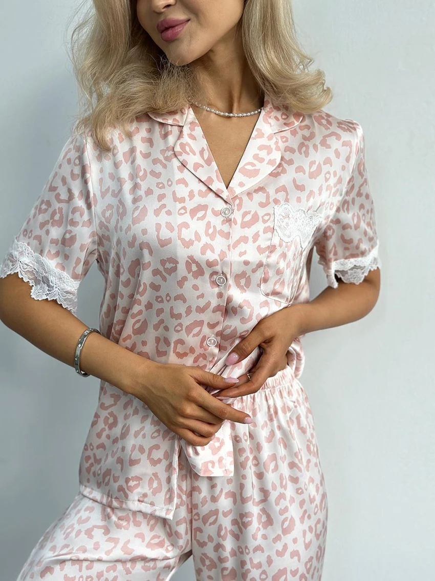 Marthaqiqi Lace Female Pajama Suit Sexy Turn-Down Collar Sleepwear Short Sleeve Nightwear Pants Casual Women Nightie 2 Piece Set