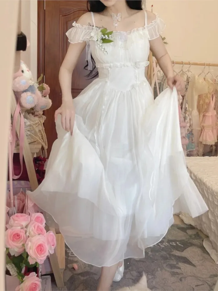 White Bridesmaid Cute College Long Dress Female Kawaii Retro