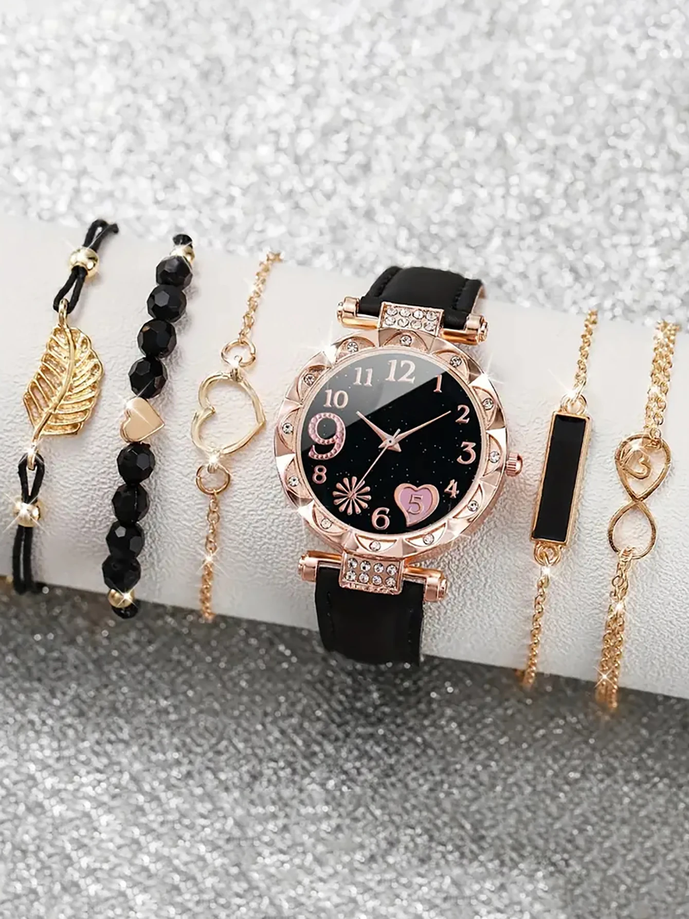 6PCS Women's Fashion Quartz Watch Luxury Pink Leather Band Analog WristWatch Ladies Watch Women Dress Bracelet Set Clock