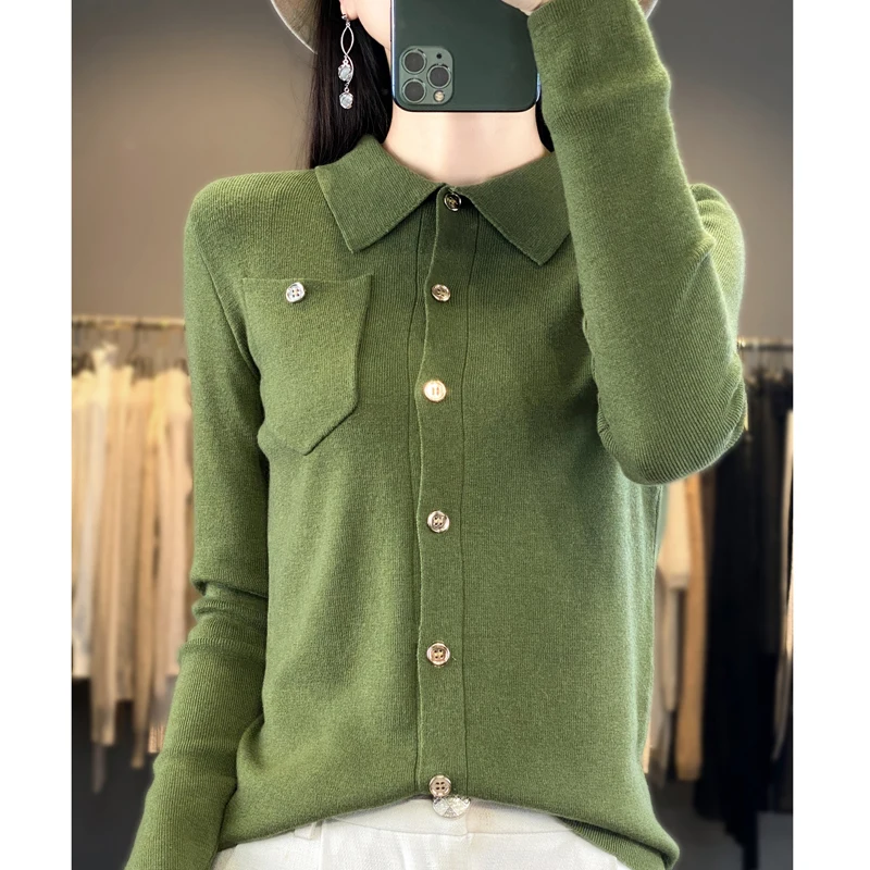 

Autumn Winter New Wool Cardigan Women's Polo Neck Long Sleeve Solid Lmitation Wool Loose Pocket Small Fragrance Knitted Cardigan