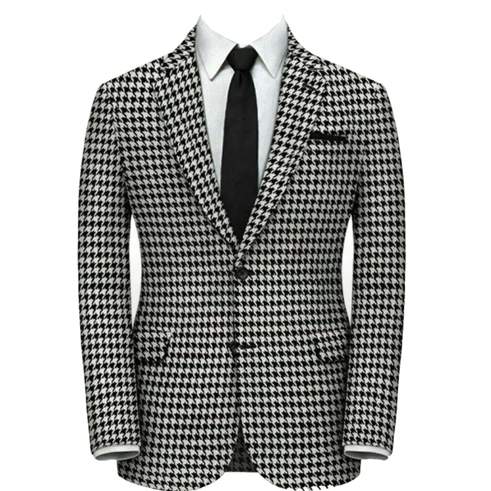 2 Piece Houndstooth Men Wedding Suit Groom Tuxedo Slim Fit Two Button Business Suits Plaid Wedding Suit Costume Homme For Party