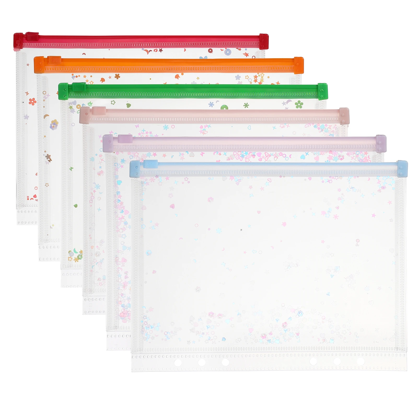 6Pcs A5 Plastic Zipper Binder Pockets 9 X 7" Clear Envelope Folders Planner Waterproof Pouch Filing With Sequin Decor_voghion.com