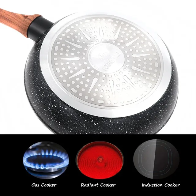Master Star-Wooden Soft Touch Handle Pans, Black Granite Coating, Teflon Frier Induction Cooker, Non-stick Set,20/24/28cm 3