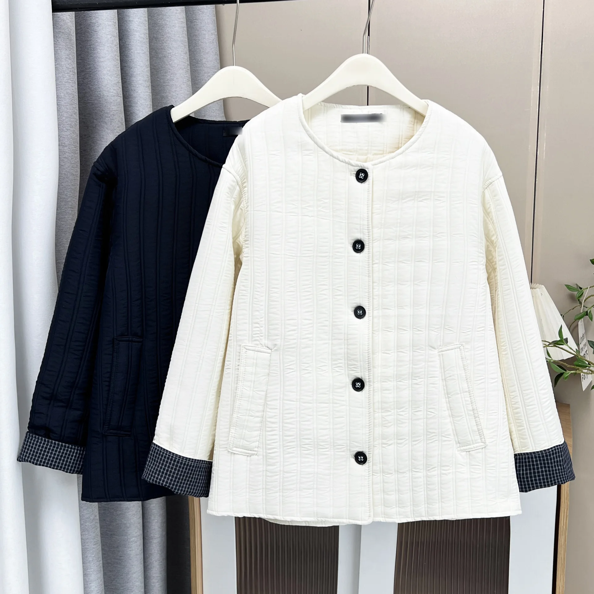 Plus Size Women's Parkas Casual Thin Collarless Plaid Cuffs Padded Jacket Warm Vertical Stripe Quilting Coats 2582