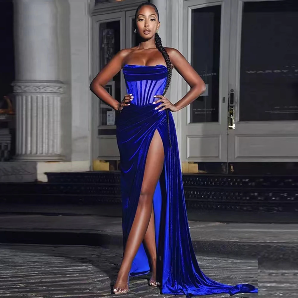 

Royal Blue Velvet Prom Dresses For Women Strapless Draped Evening Party Dress High Split Boning Formal Event Gowns