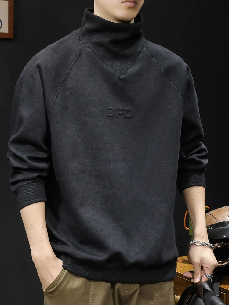 Pullover Sweater Half Turtleneck Men's Letter Printing Fashionable Fleece-Lined Warm Autumn and Winter Casual Versatile Tie-Dyed