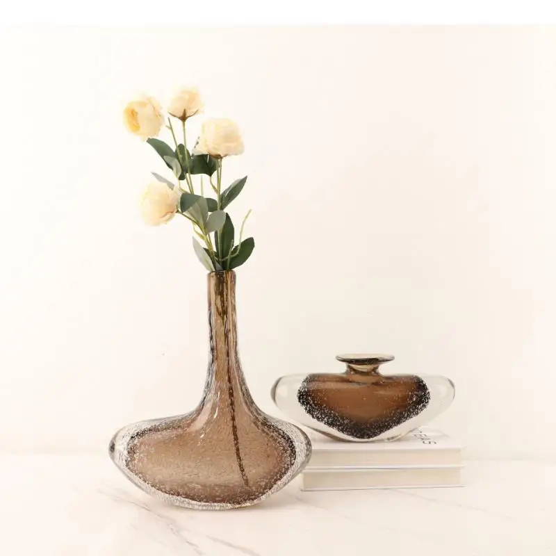 

Colored Glaze Vase Brown Glass Small Mouth Vase Ornaments Dried Flower Vases Flower Arrangement Home Decoration Table Top Vases