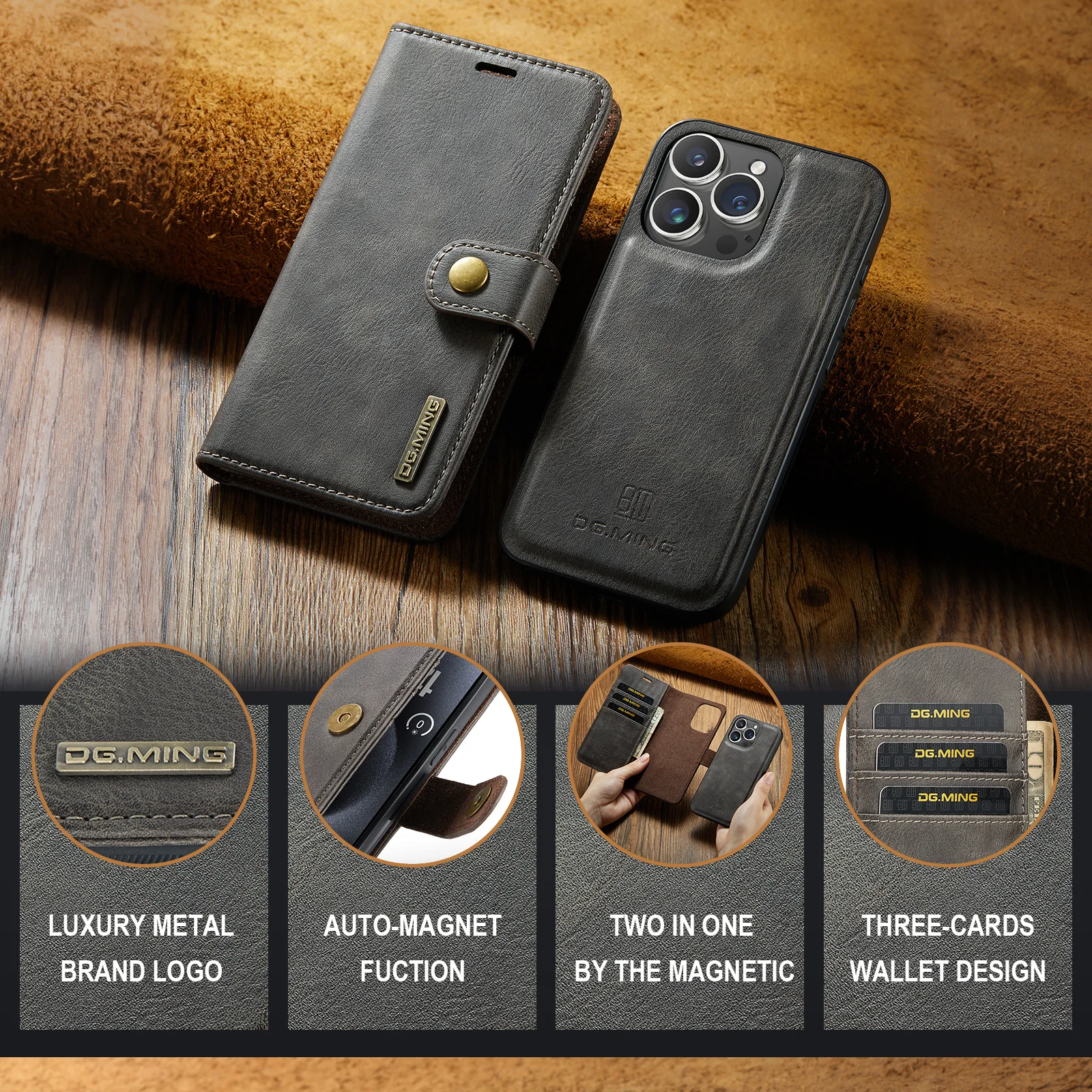 DG.Ming Luxury 2-Folding Detachable Magnetic Leather Wallet Case For iPhone 15 14 13 12 11 Pro Max Flip Cover for XS MAX 7 8 SE2