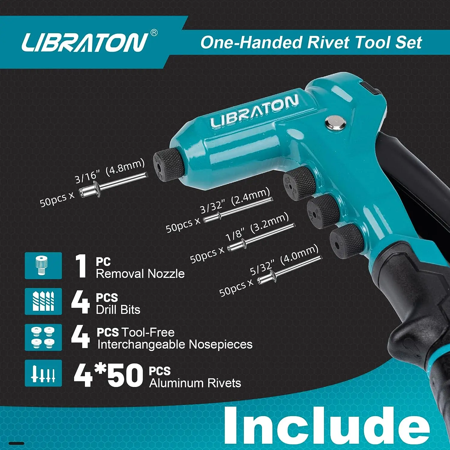 Libraton One-Handed Rivet Gun Pop Rivet Gun Set Professional Hand Riveter Manual Riveting Tool 200 Rivets Metal