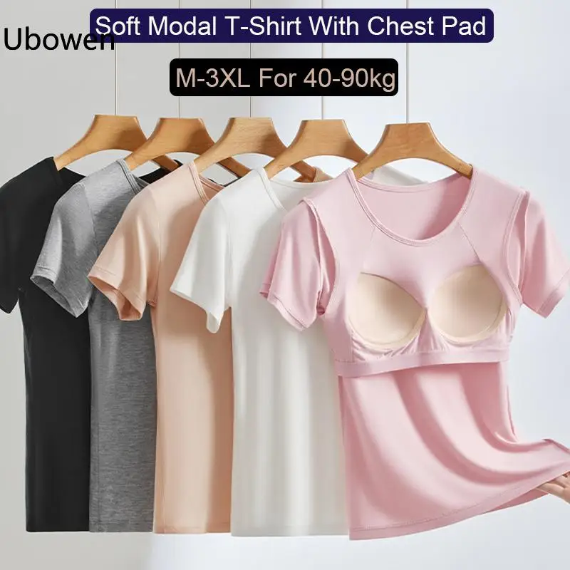 Ubowen Für 40-90 kg große Frauen, Übergrößen-T-Shirt mit kurzen Ärmeln, integriertem BH, Rundhalsausschnitt und festem Körbchen.