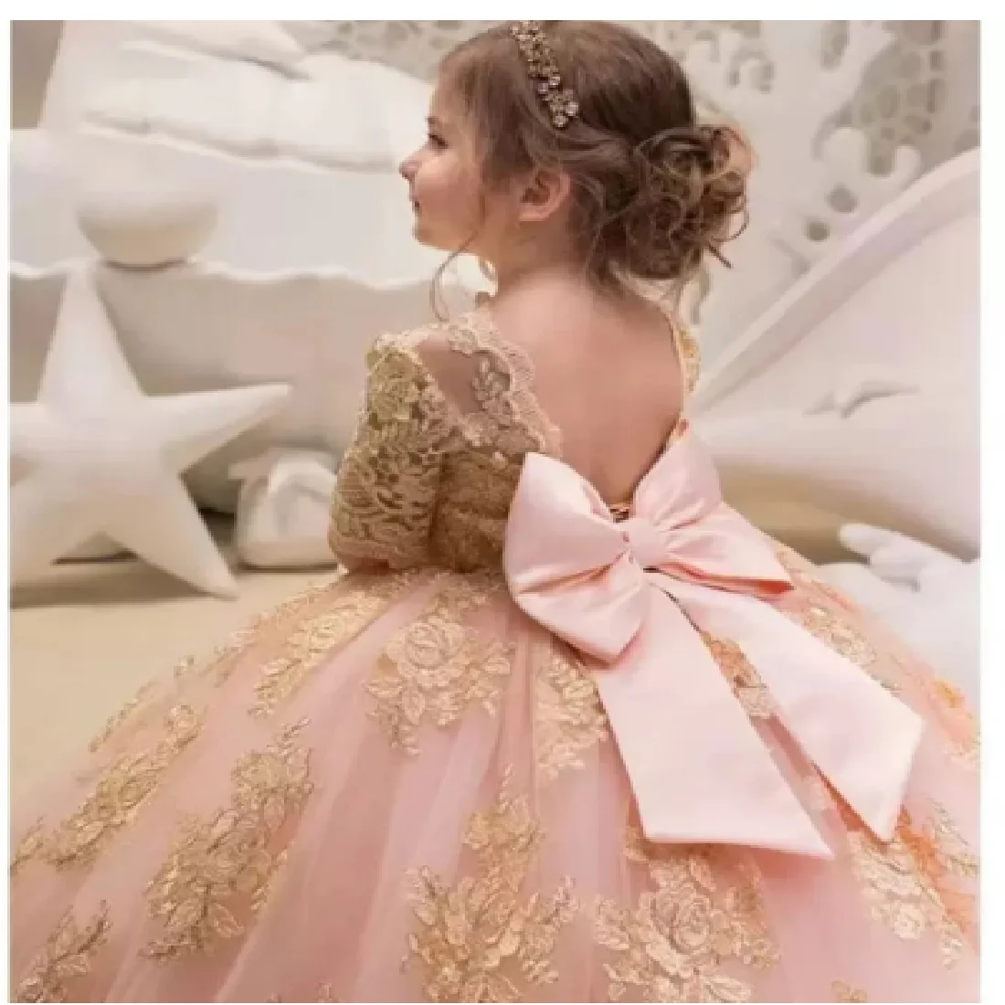 

Gold Glitz Ball Gown Princess Little Girls Pageant Dresses Fuchsia Camo Flower Girl For Wedding with Big Bow First Communion