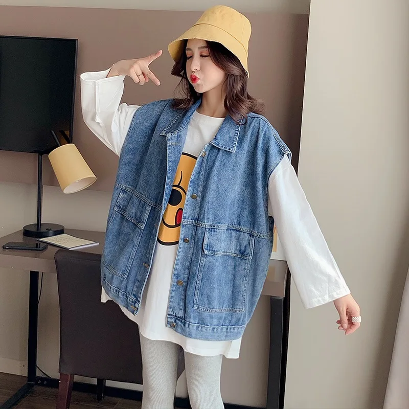 Spring and Autumn Korean Style Loose Maternity Denim Vest Sleeveless Turn-down Collar Button Fly Pregnant Woman Jackets