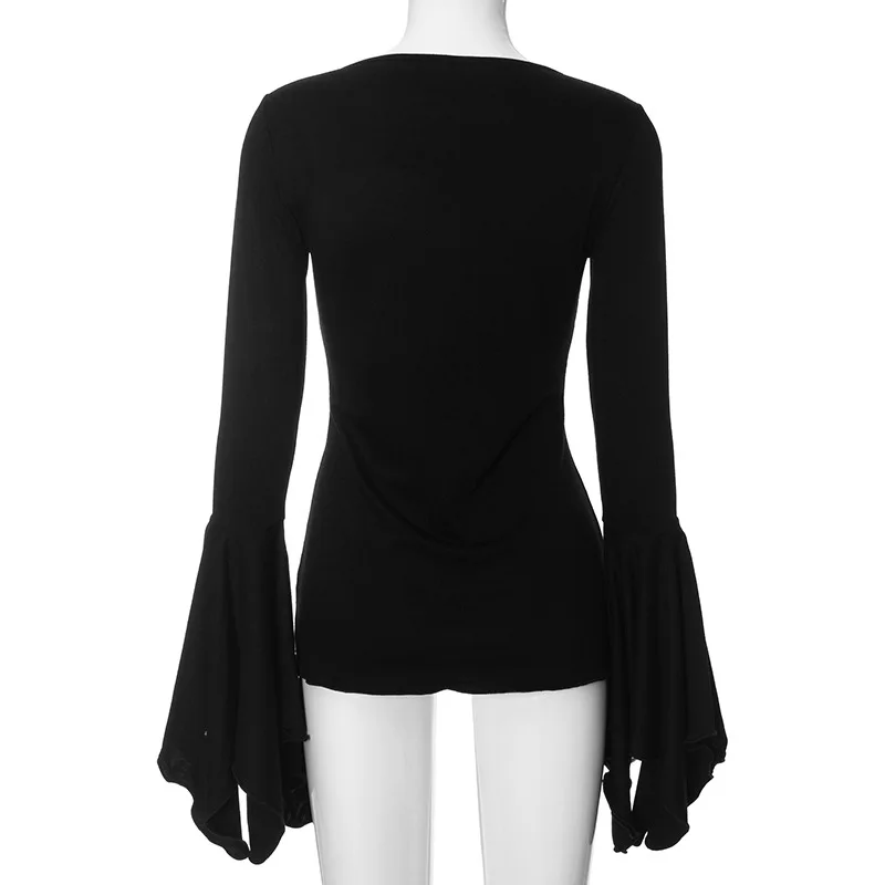 Goth Fairy Grunge T-Shirt | Flare Sleeve V-neck Blouse | Y2k Black Alt Tops