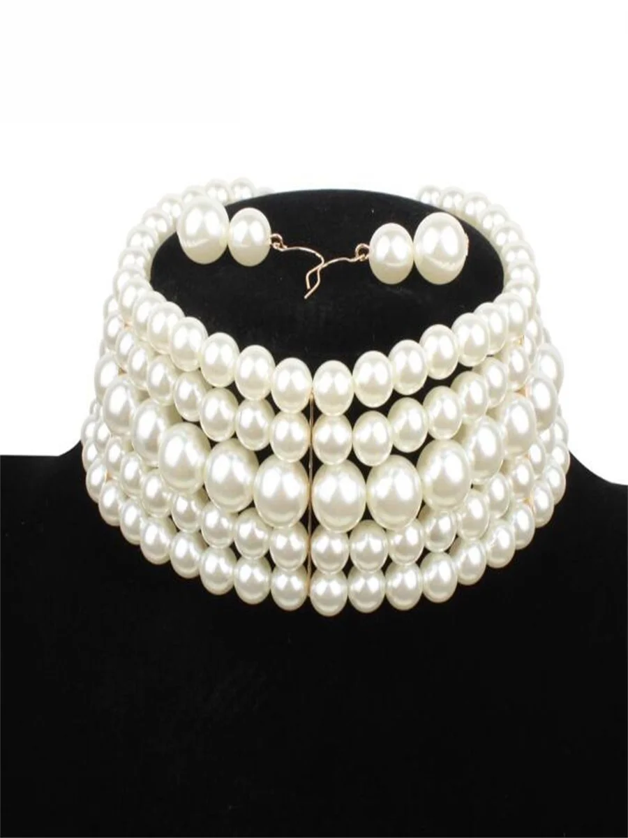 Multi-layer imitation pearl beaded short necklace earring set jewelry sets,jewelry set